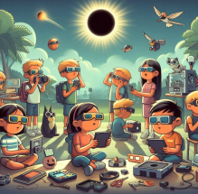 Image générée à l'aide de l'IA. Prompt utilisé sur Copilot : une image pour illustrer un guide pédagogique axé sur l'observation d'une éclipse solaire à l'école dans un style Pixar, où tous les élèves portent des lunettes de protection. Certains réalisent une activité de codage d'une carte micro:bit à ce sujet, d'autres utilisent une imprimante 3D, d'autres des activités en extérieur pour observer cette éclipse.