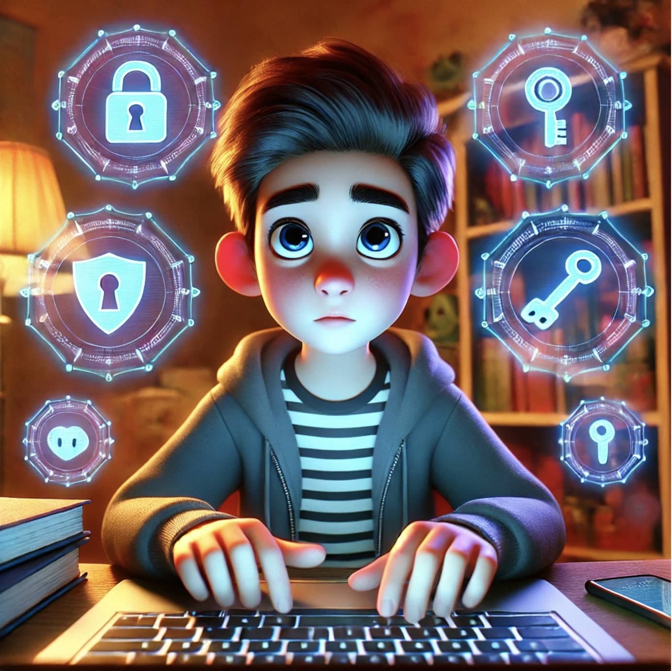 Une image de style Pixar d’un élève adolescent devant son ordinateur, sur le thème de la cybersécurité